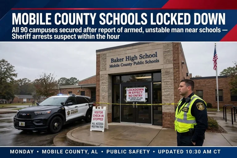 Illustration for the news story: Mobile County schools locked down after report of armed, unstable man near campuses