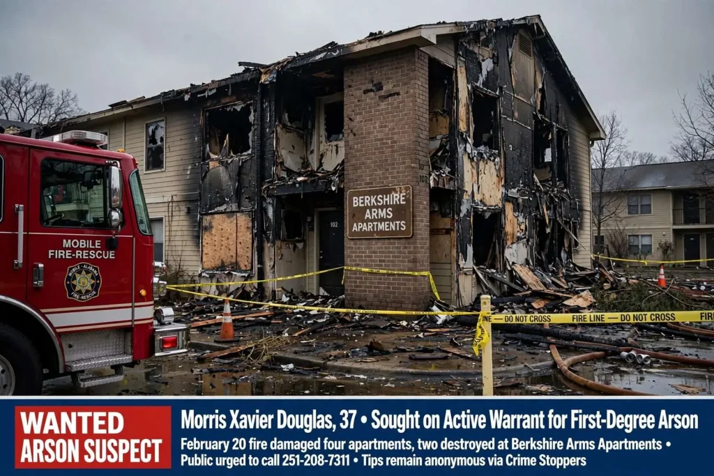 Illustration for the news story: Mobile Fire-Rescue Seeks Arson Suspect in Berkshire Arms Apartment Fire
