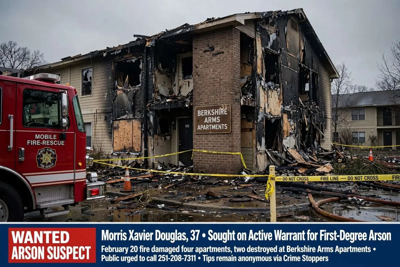 Illustration for the news story: Mobile Fire-Rescue Seeks Arson Suspect in Berkshire Arms Apartment Fire