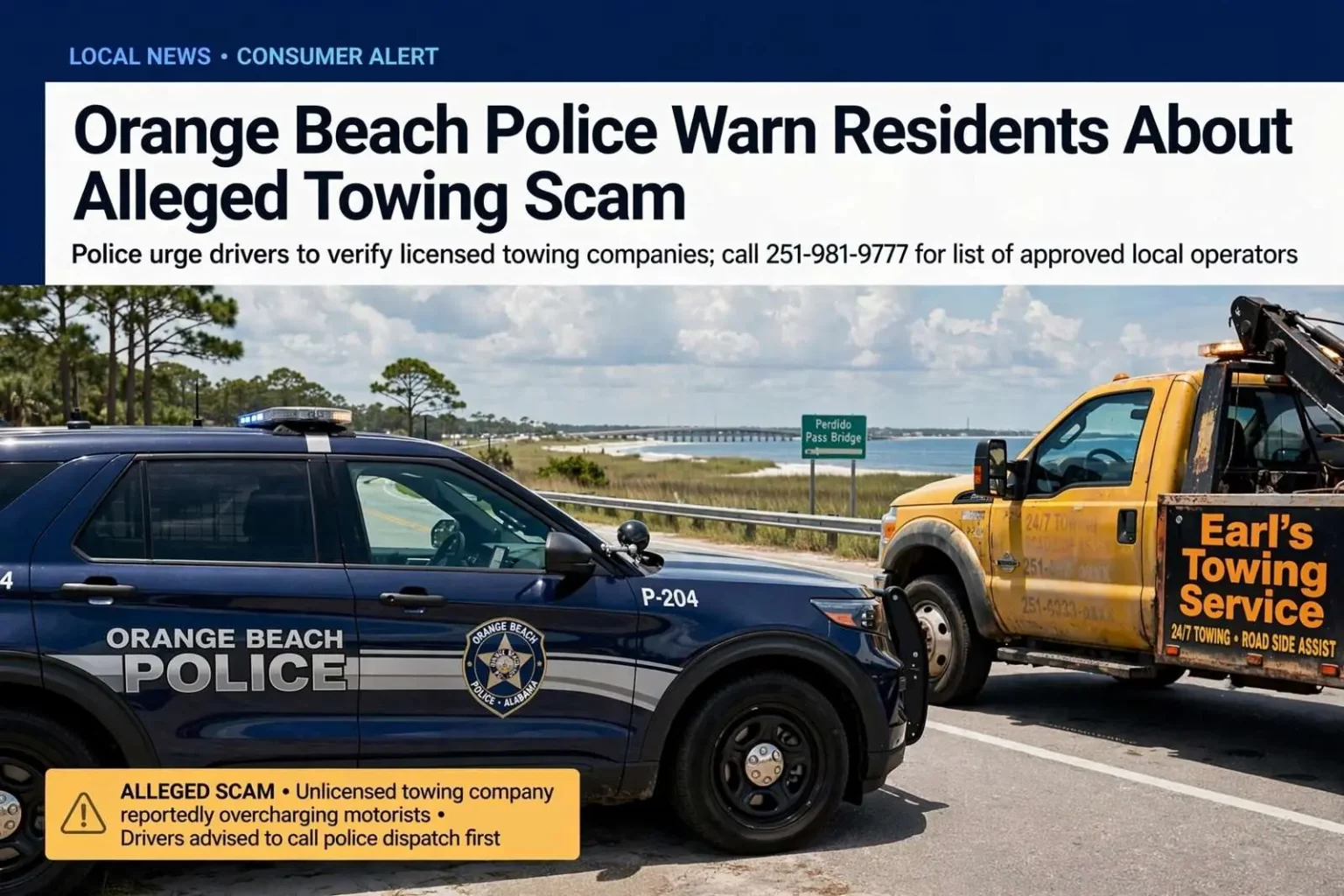 Illustration for the news story: Orange Beach Police Warn Residents About Alleged Towing Scam