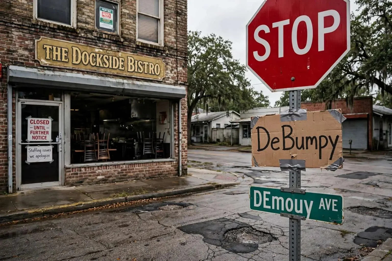 Illustration for the news story: Social Media Blowup Empties Kitchen at Downtown Mobile Restaurant, Prank Sign Pokes Fun at Midtown Potholes