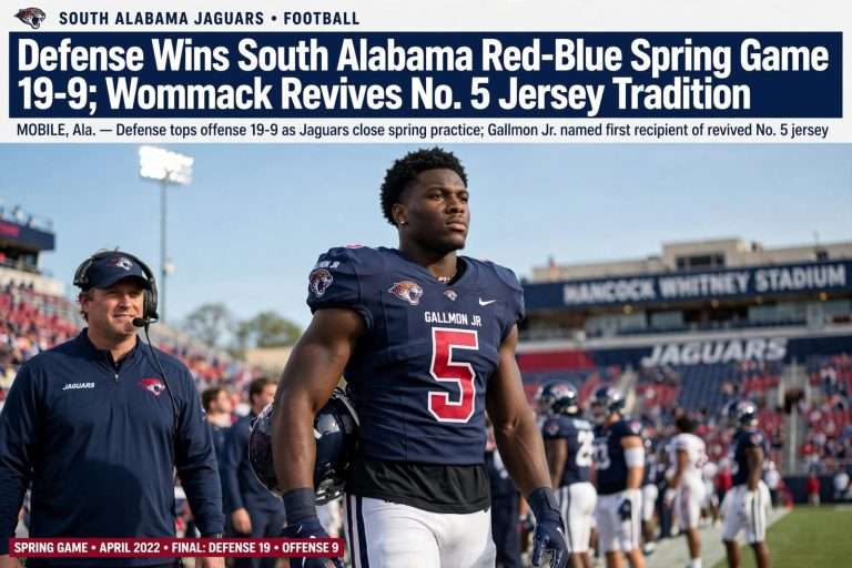 Illustration for the news story: Defense Wins South Alabama Red-Blue Spring Game 19-9; Wommack Revives No. 5 Jersey Tradition
