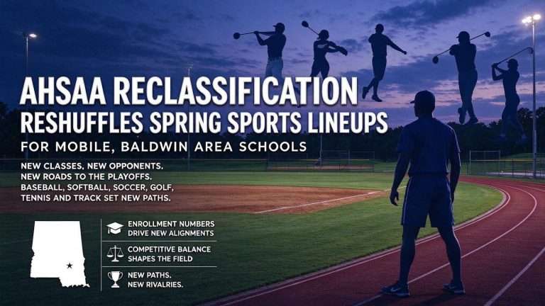 Illustration for the news story: AHSAA Reclassification Reshuffles Spring Sports Lineups for Mobile, Baldwin Area Schools