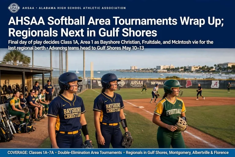 Illustration for the news story: AHSAA softball area tournaments wrap up; regionals next in Gulf Shores