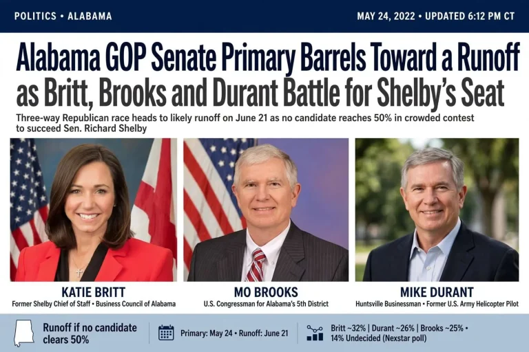 Illustration for the news story: Alabama GOP Senate Primary Barrels Toward a Runoff as Britt, Brooks and Durant Battle for Shelby’s Seat
