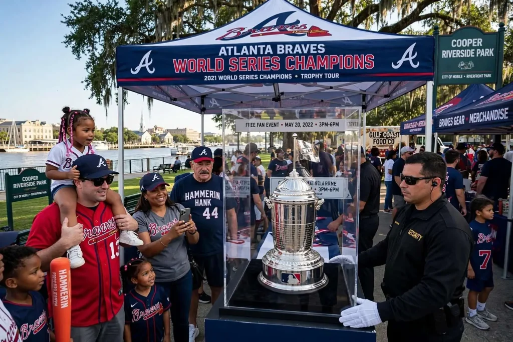 Illustration for the news story: Atlanta Braves Bring World Series Trophy to Downtown Mobile for Free Fan Event