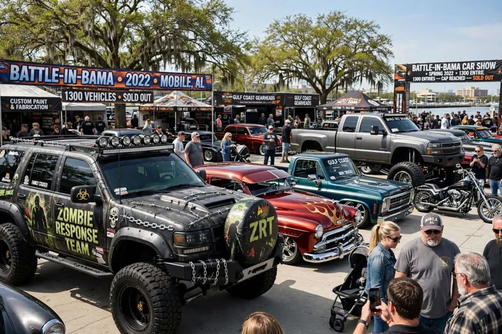 Illustration for the news story: Battle-in-Bama Car Show Hits Its Cap as Custom Builders Pack Mobile