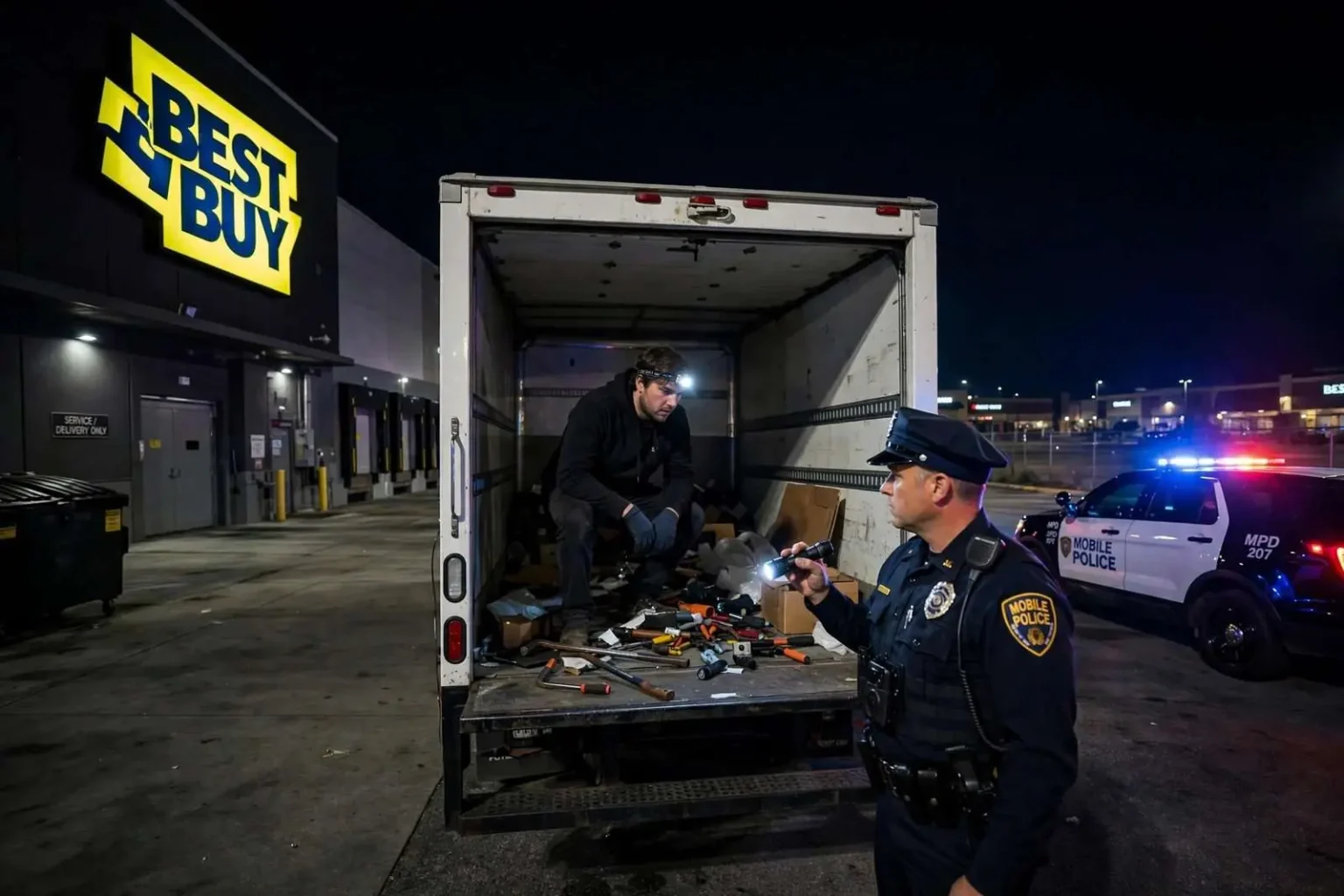 Illustration for the news story: Burglary Alarm Leads Police to Man With Headlamp Inside Box Truck Behind Mobile Best Buy