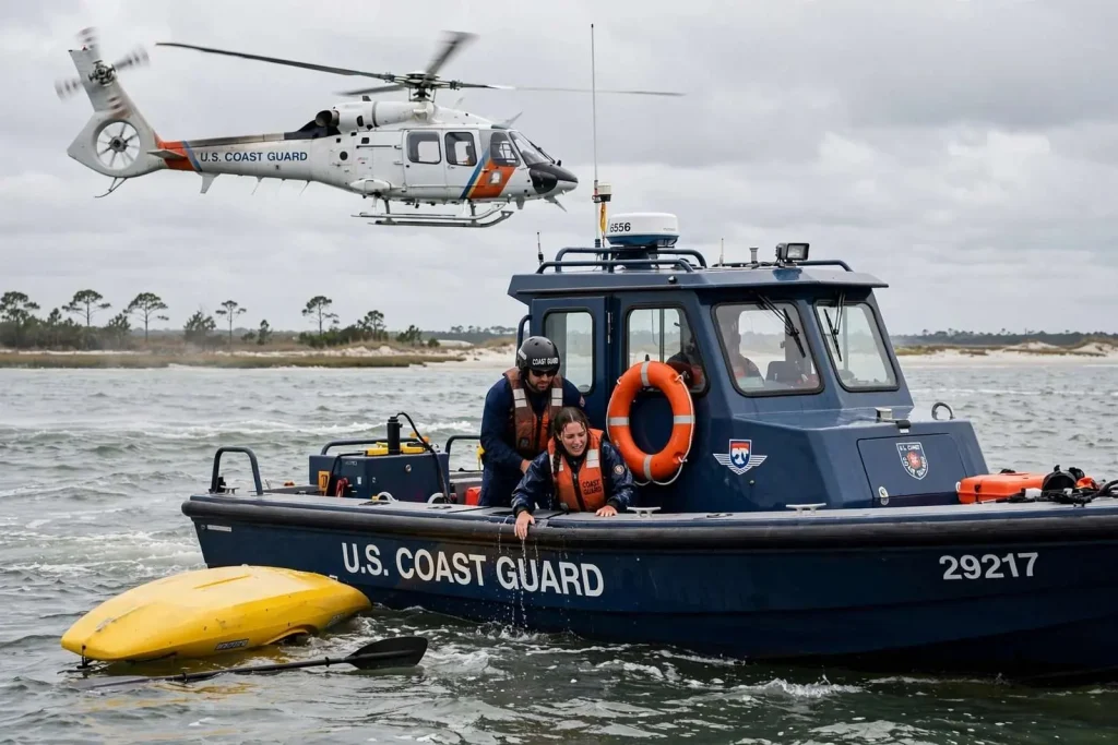 Illustration for the news story: Coast Guard Air and Sea Crews Rescue Two Kayakers After One Capsizes Near Dauphin Island