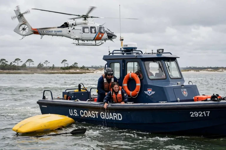 Illustration for the news story: Coast Guard Air and Sea Crews Rescue Two Kayakers After One Capsizes Near Dauphin Island
