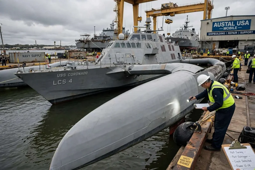 Illustration for the news story: Cracks Found in Hulls of Austal-Built Navy Ships, Including Mobile’s USS Coronado
