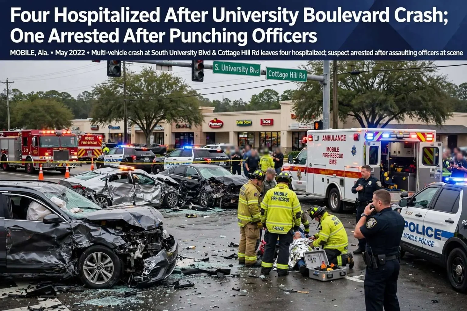 Illustration for the news story: Four Hospitalized After University Boulevard Crash; One Arrested After Punching Officers