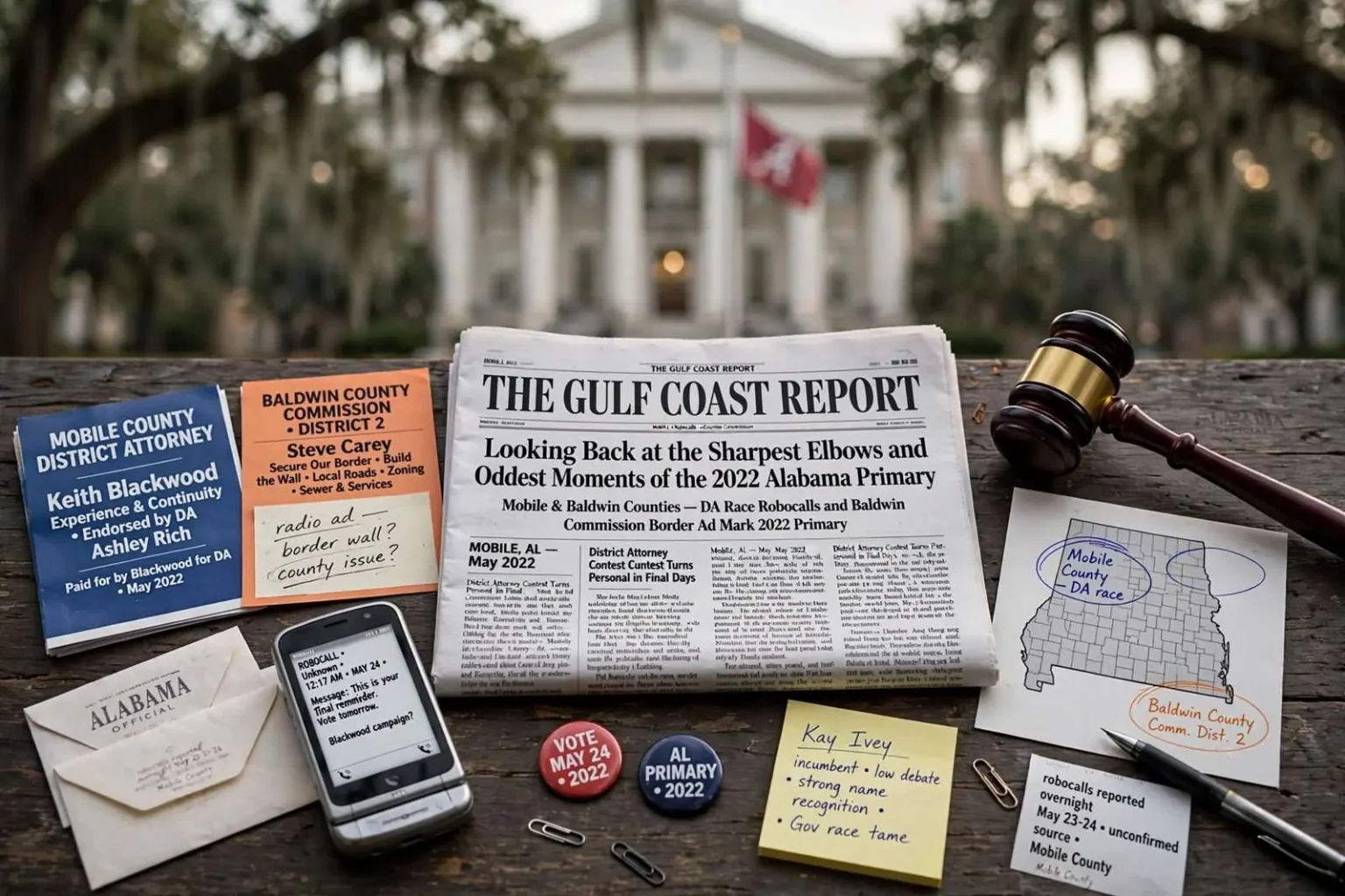 Illustration for the news story: Looking Back at the Sharpest Elbows and Oddest Moments of the 2022 Alabama Primary