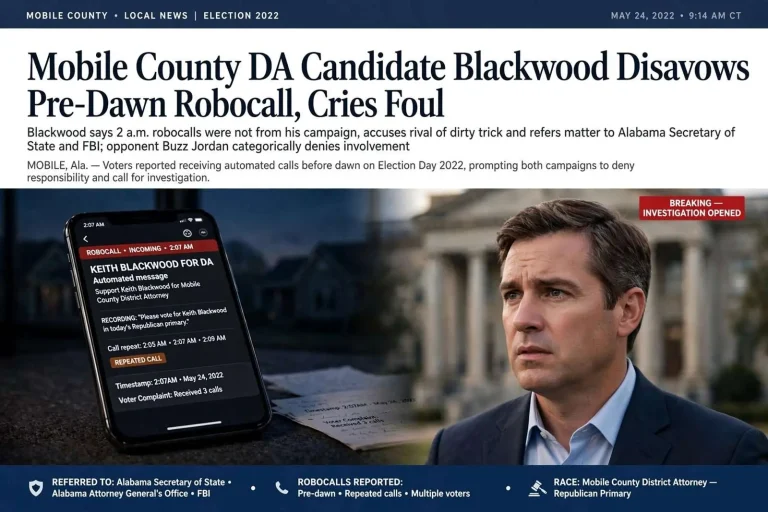 Illustration for the news story: Mobile County DA Candidate Blackwood Disavows Pre-Dawn Robocall, Cries Foul