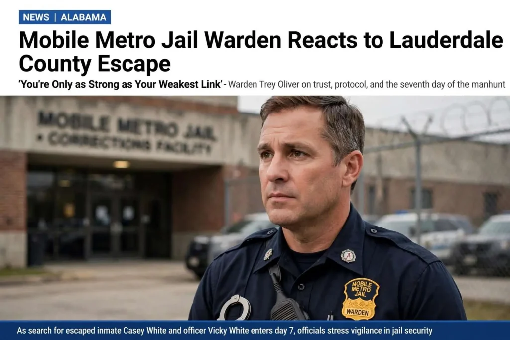 Illustration for the news story: Mobile Metro Jail Warden Reacts to Lauderdale County Escape: ‘You’re Only as Strong as Your Weakest Link’