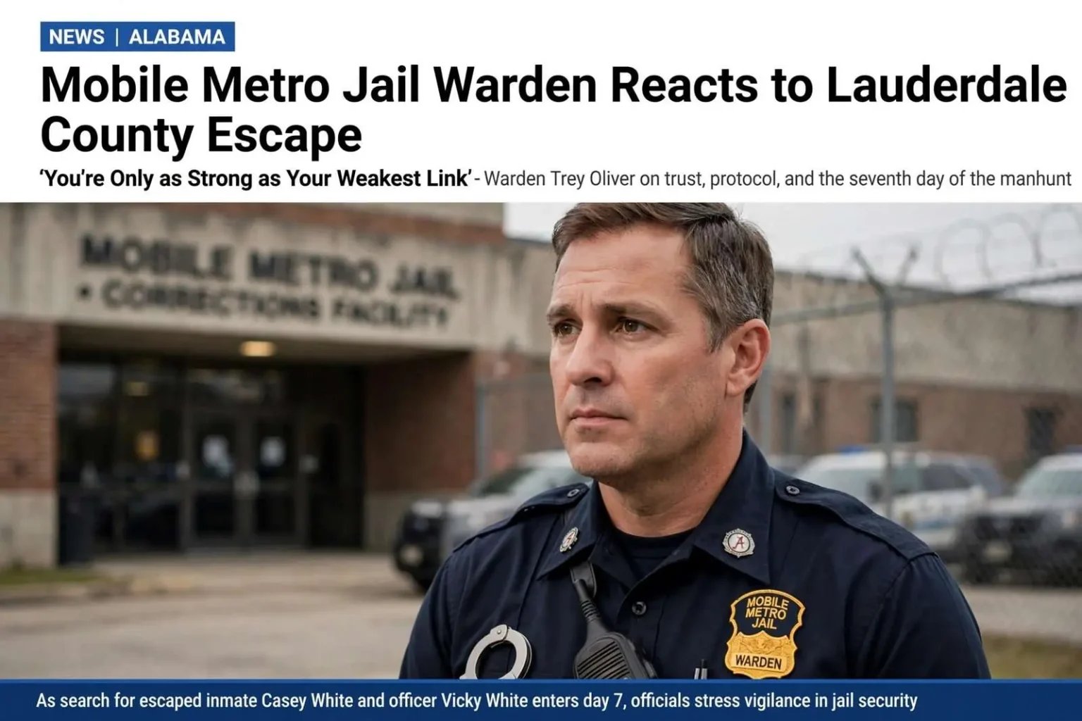 Illustration for the news story: Mobile Metro Jail Warden Reacts to Lauderdale County Escape: ‘You’re Only as Strong as Your Weakest Link’