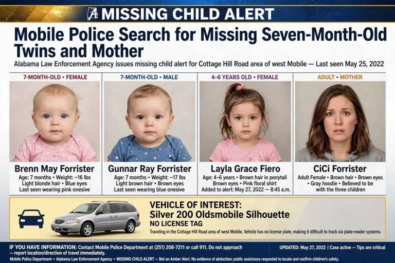 Illustration for the news story: Mobile Police Search for Missing Seven-Month-Old Twins and Mother