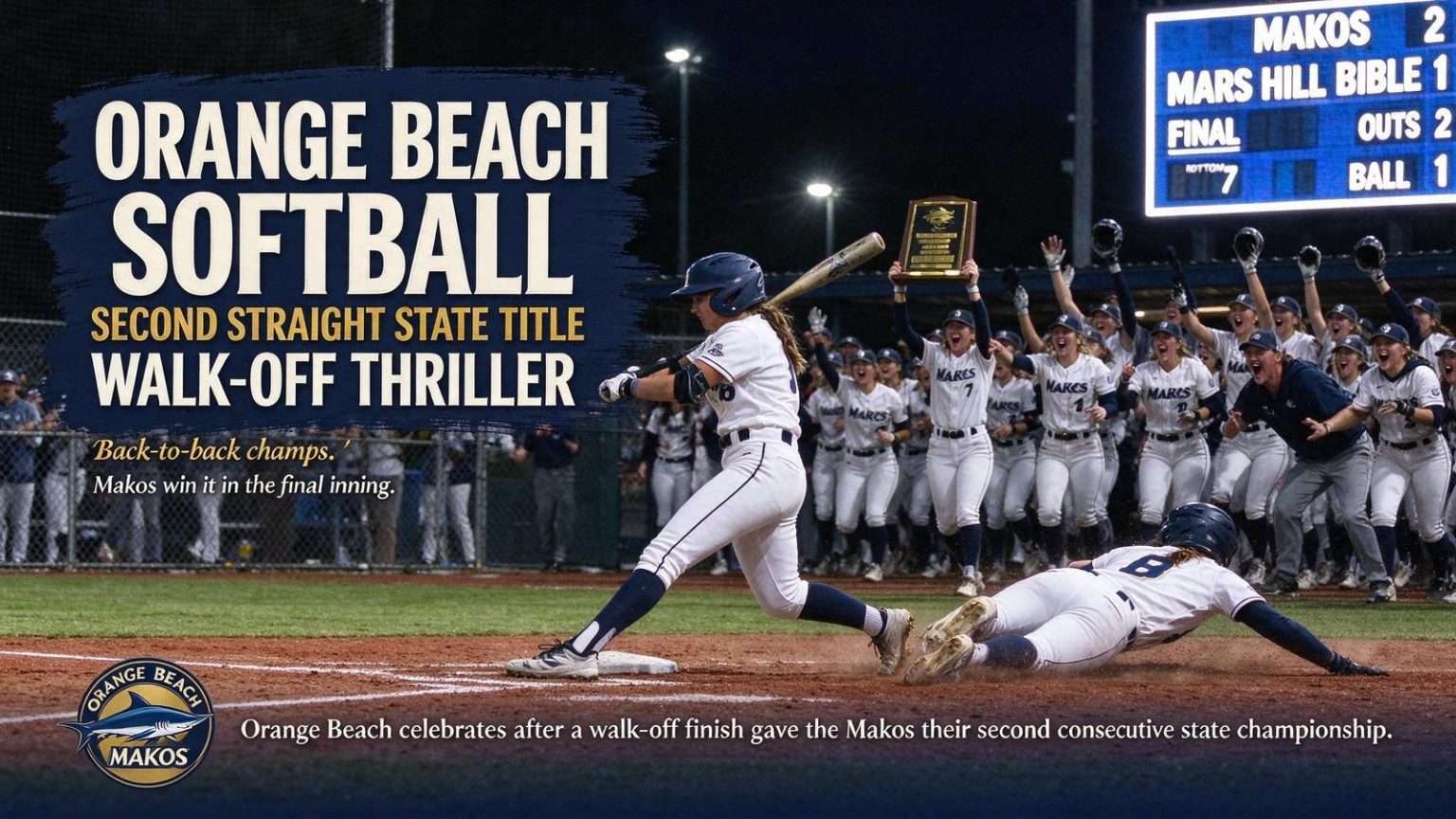 Illustration for the news story: Orange Beach Softball Claims Second Straight State Title With Another Walk-Off Thriller