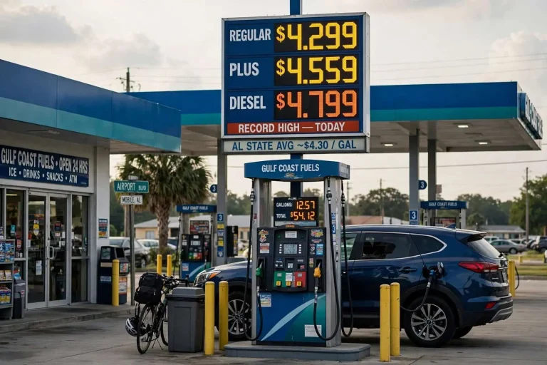 Illustration for the news story: Record Pump Prices Squeeze Mobile Drivers as Alabama Average Nears $4.30