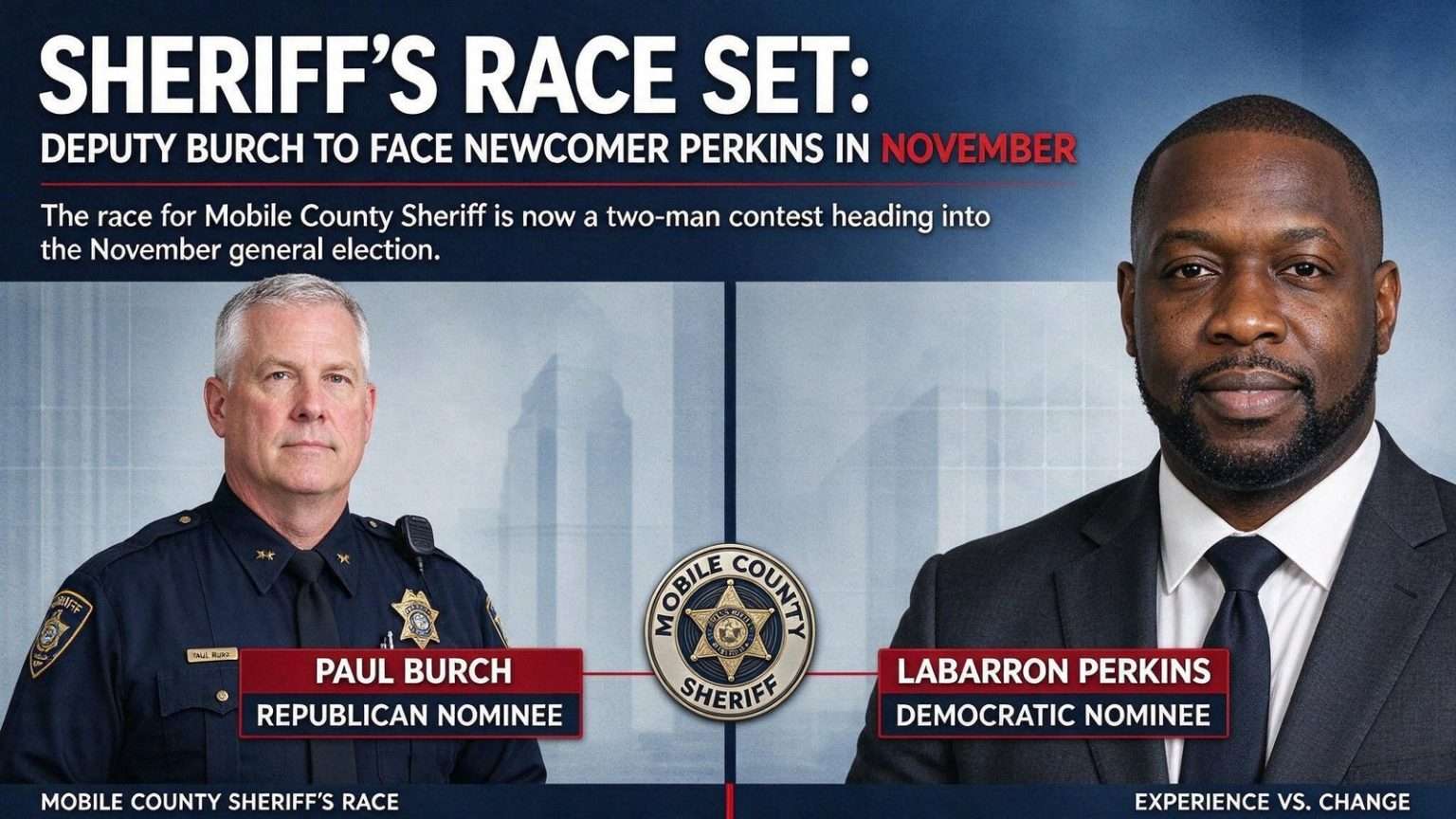 Illustration for the news story: Sheriff’s Race Set: Deputy Burch to Face Newcomer Perkins in November