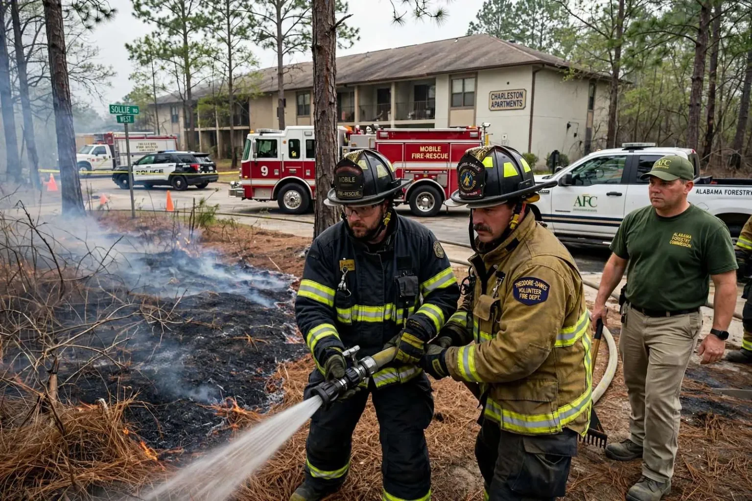 Illustration for the news story: Sollie Road Brush Fire Rekindles, But Firefighters Keep It Away From Nearby Apartments