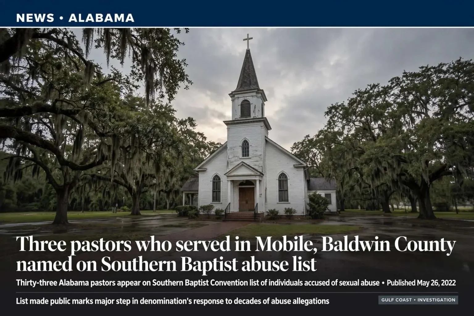 Illustration for the news story: Three pastors who served in Mobile, Baldwin County named on Southern Baptist abuse list