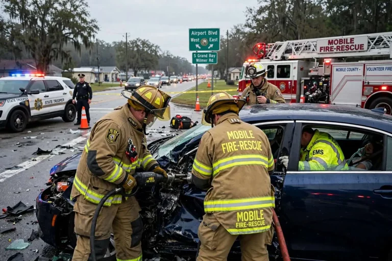 Illustration for the news story: West Mobile Crash Required Firefighters to Cut a Driver Free, Mobile Fire-Rescue Says