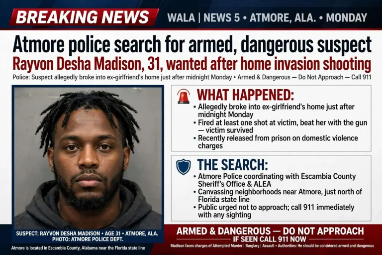 Illustration for the news story: Atmore police search for armed, dangerous suspect Rayvon Desha Madison