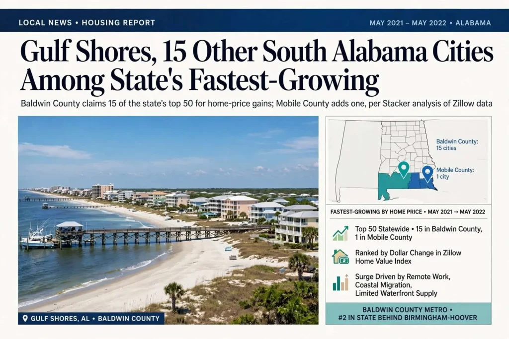 Illustration for the news story: Gulf Shores, 15 other south Alabama cities among state’s fastest-growing