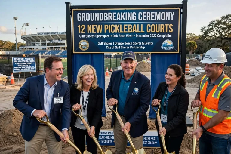 Illustration for the news story: Gulf Shores Breaks Ground on 12 New Pickleball Courts at the Sportsplex