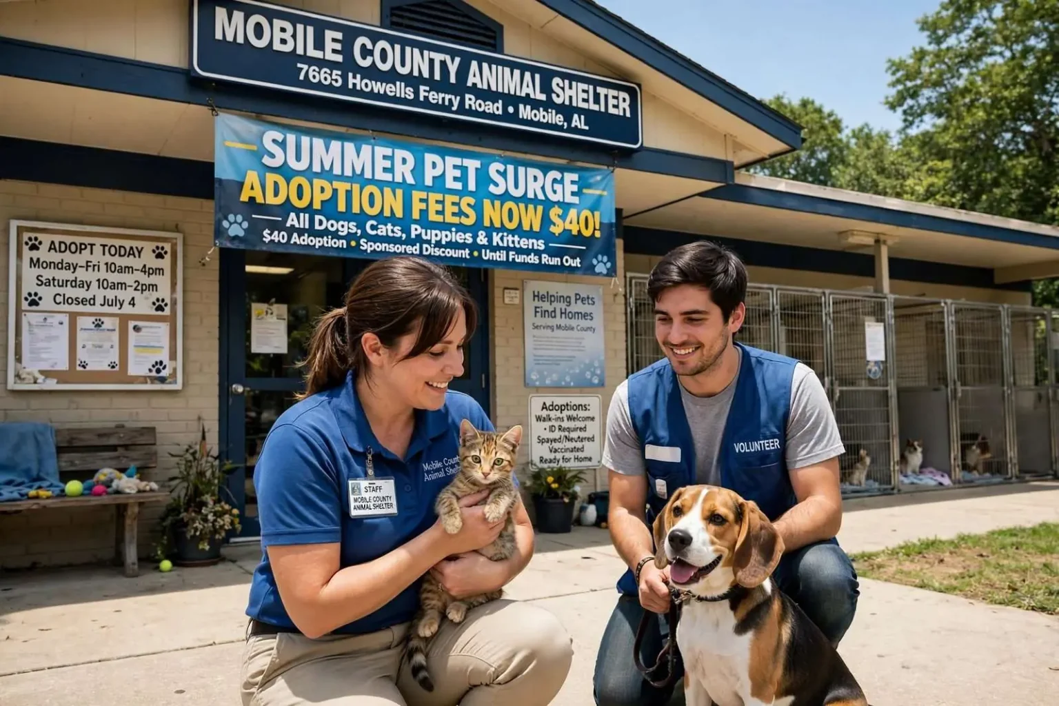 Illustration for the news story: Mobile County Animal Shelter Cuts Adoption Fees to $40 Amid Summer Pet Surge