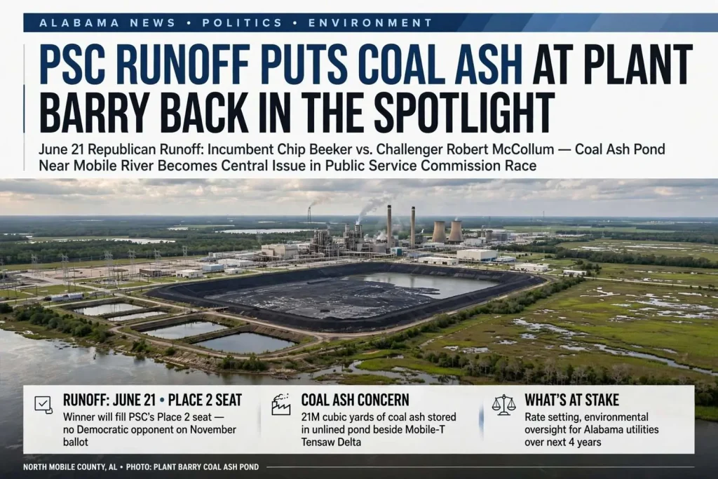 Illustration for the news story: PSC Runoff Puts Coal Ash at Plant Barry Back in the Spotlight