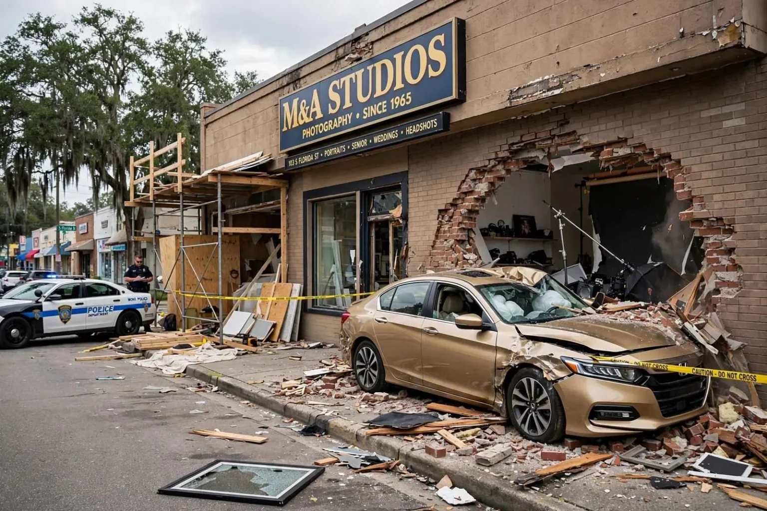 Illustration for the news story: Sedan Smashes Into M&A Studios on South Florida Street; Owner Misses Being Struck by Minutes