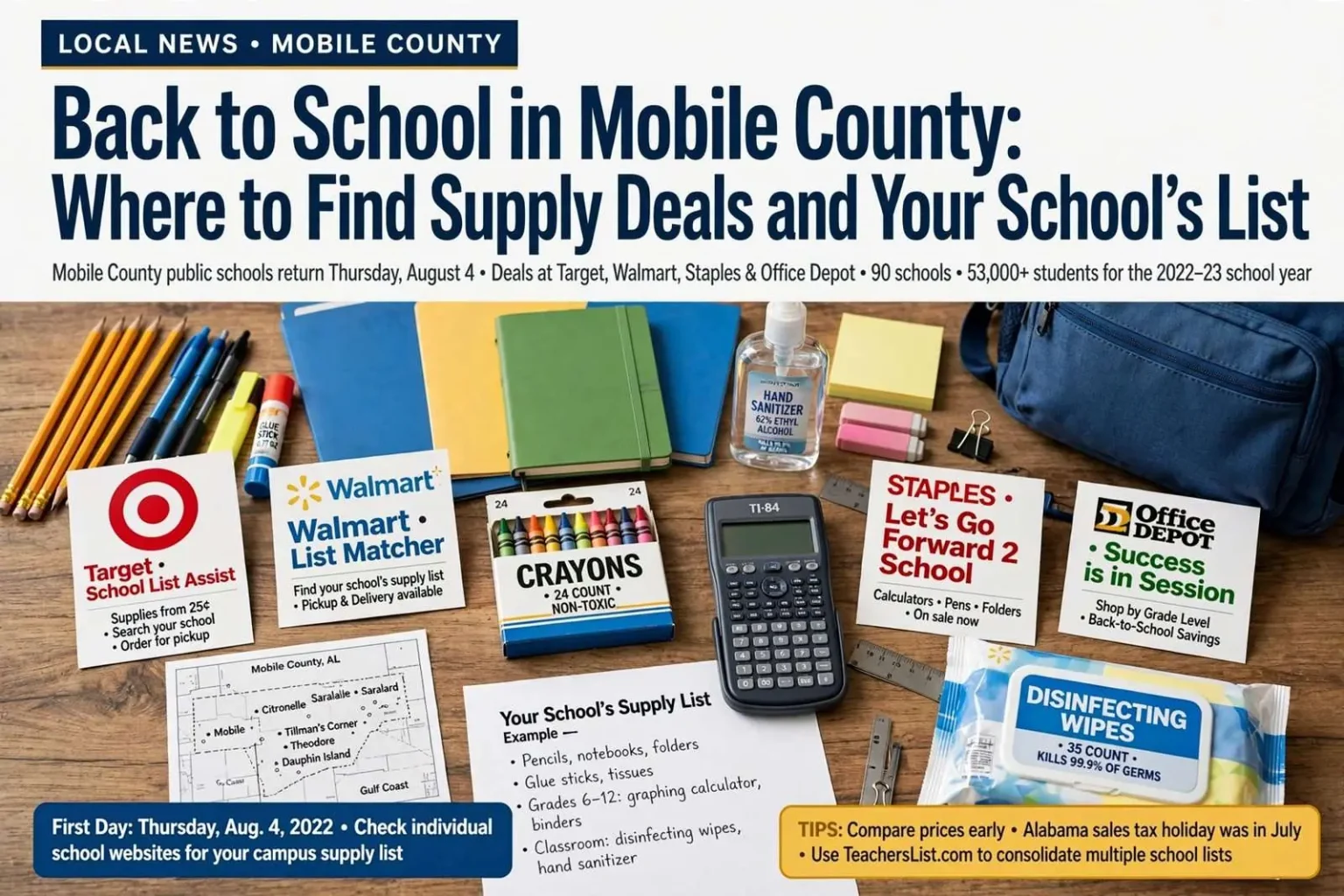 Illustration for the news story: Back to School in Mobile County: Where to Find Supply Deals and Your School’s List