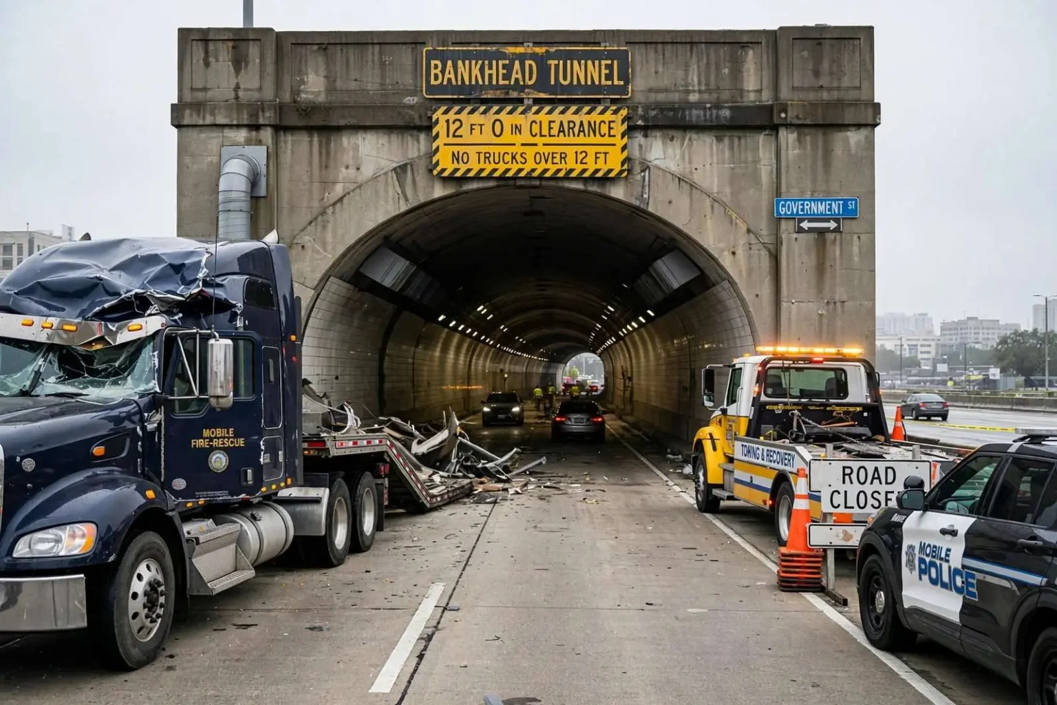Illustration for the news story: Bankhead Tunnel Reopens After 18-Wheeler Ripped in Half by Low Clearance