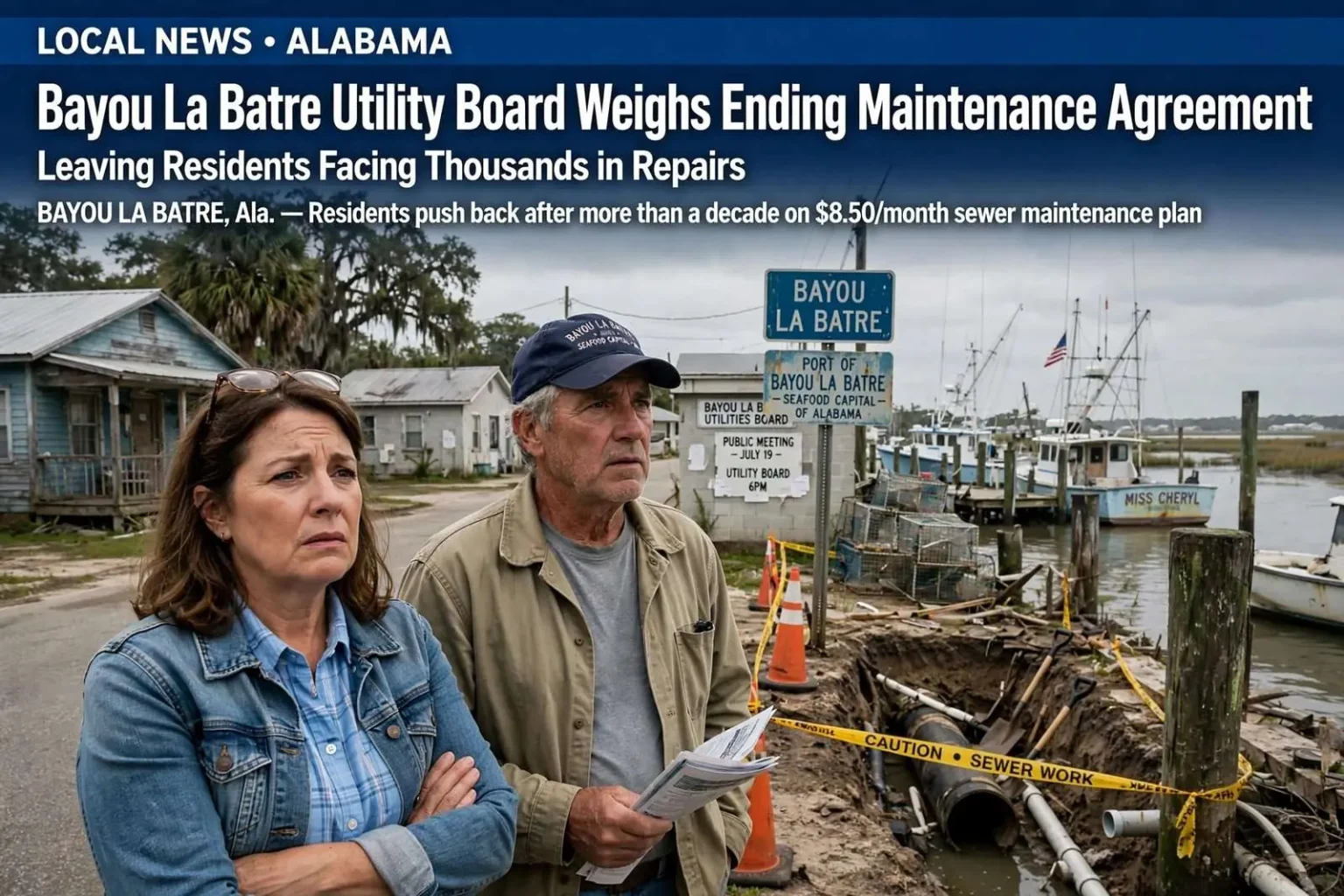 Illustration for the news story: Bayou La Batre Utility Board Weighs Ending Maintenance Agreement, Leaving Residents Facing Thousands in Repairs