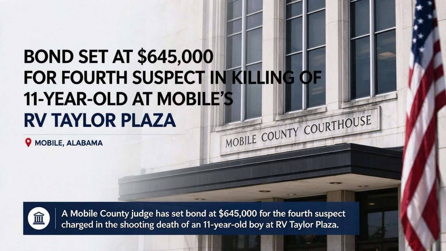 Illustration for the news story: Bond Set at $645,000 for Fourth Suspect in Killing of 11-Year-Old at Mobile’s RV Taylor Plaza