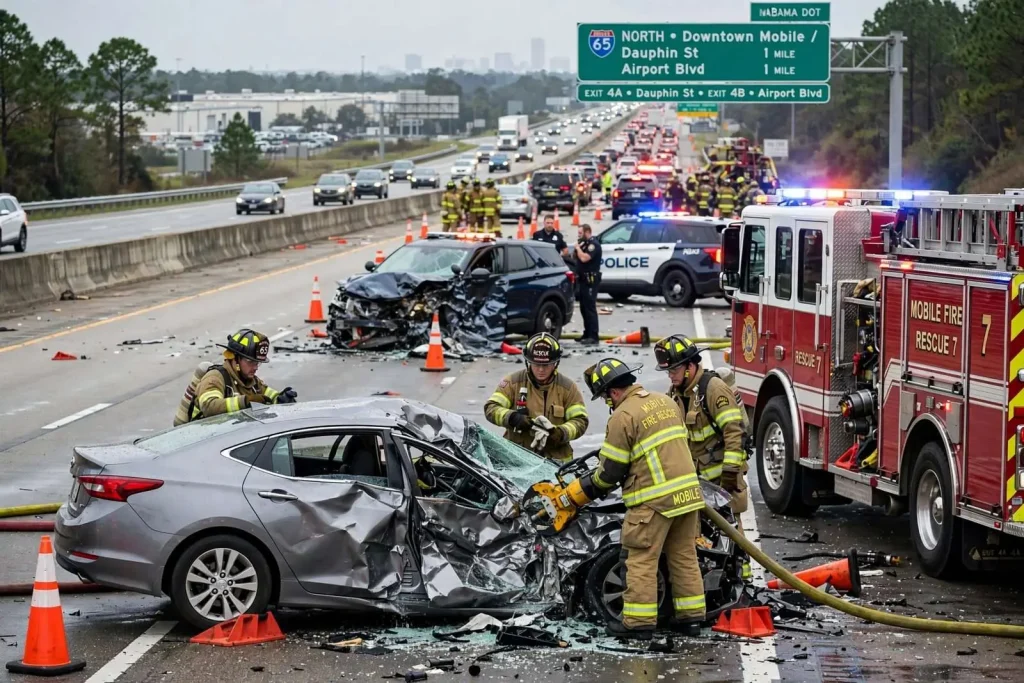 Illustration for the news story: Crews Free Trapped Driver After Two-Vehicle Crash Blocks I-65 in Mobile