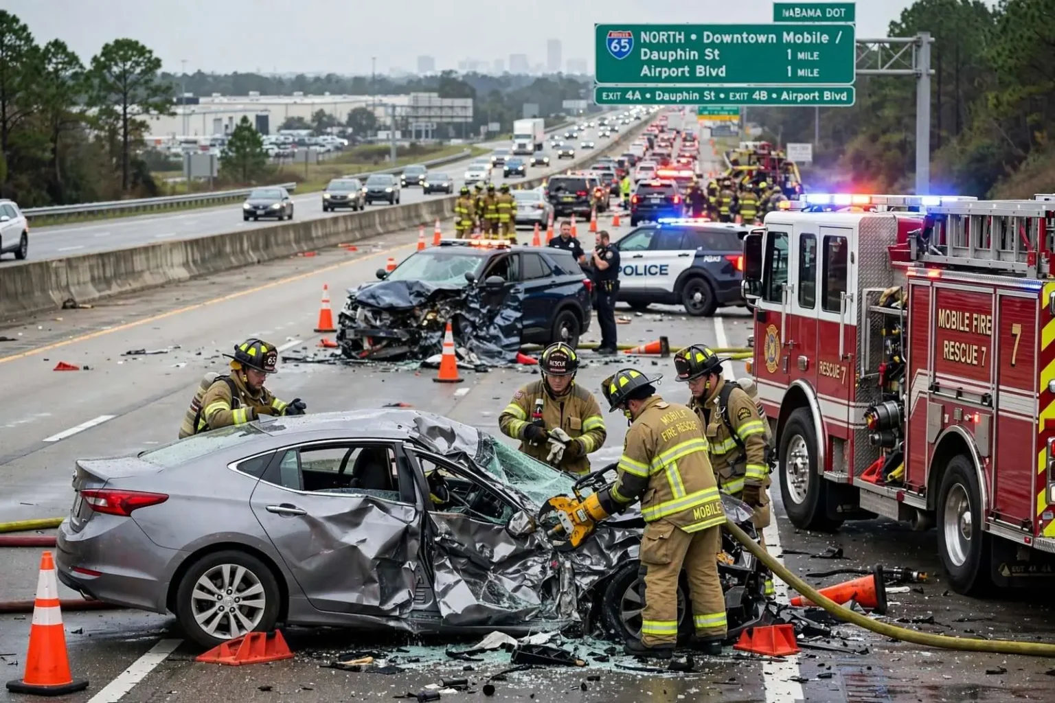 Illustration for the news story: Crews Free Trapped Driver After Two-Vehicle Crash Blocks I-65 in Mobile