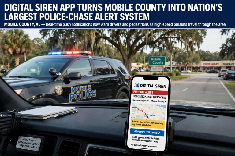 Illustration for the news story: Digital Siren App Turns Mobile County Into Nation’s Largest Police-Chase Alert System