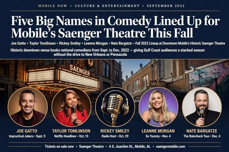 Illustration for the news story: Five Big Names in Comedy Lined Up for Mobile’s Saenger Theatre This Fall