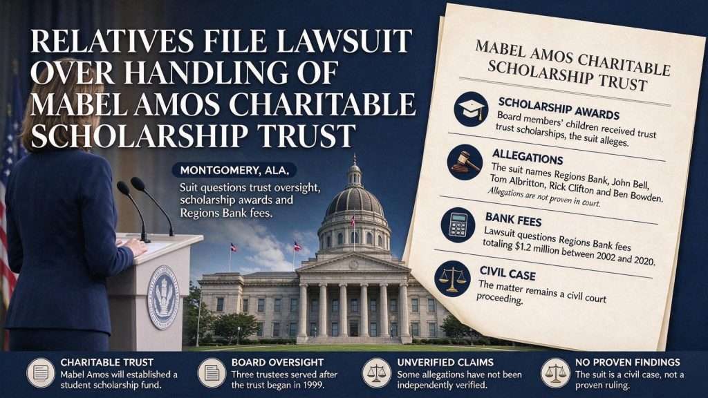 Illustration for the news story: Relatives of Mabel Amos File Lawsuit Over Handling of Charitable Scholarship Trust