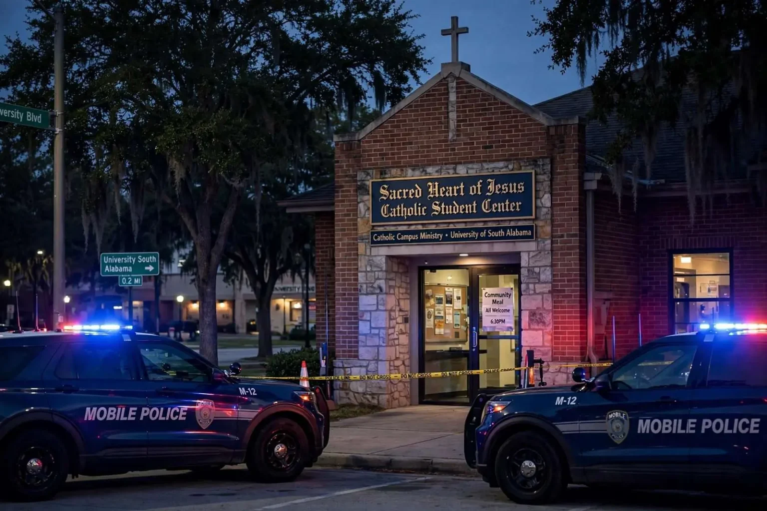 Illustration for the news story: Man Arrested After Repeat Burglary at Catholic Student Center Near University of South Alabama