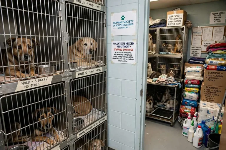 Illustration for the news story: Mississippi Gulf Coast Animal Shelters Face Too Many Animals and Too Few Workers