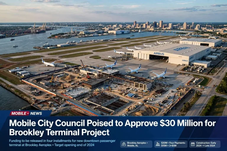 Illustration for the news story: Mobile City Council Poised to Approve $30 Million for Brookley Terminal Project