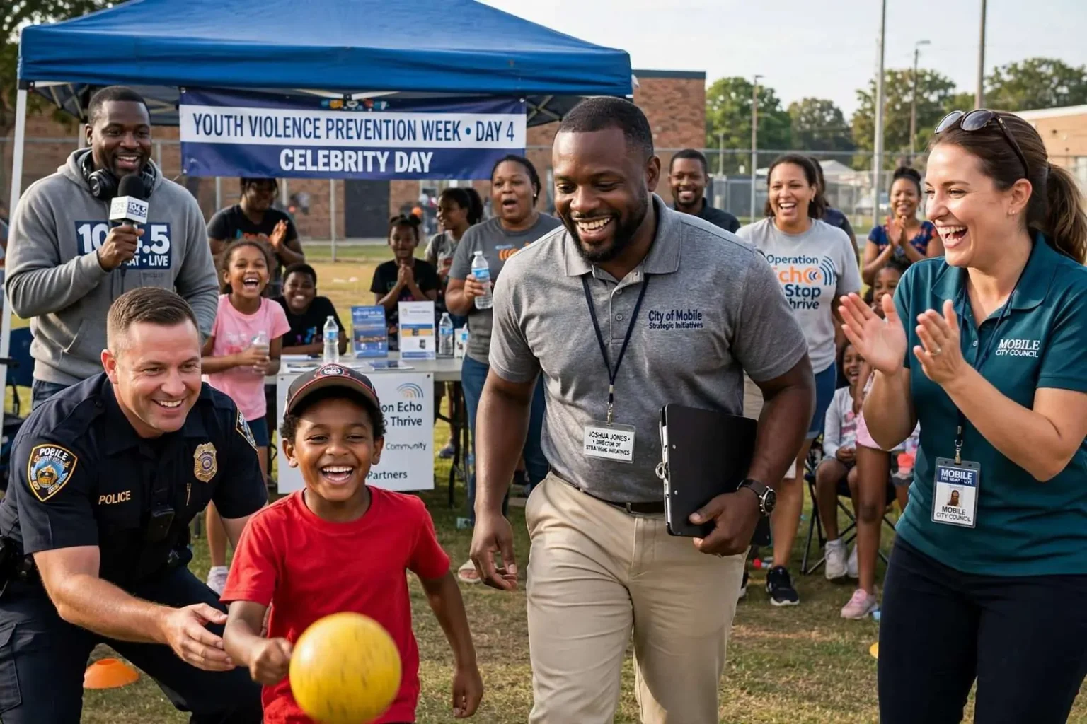 Illustration for the news story: Mobile Officers and City Leaders Trade Badges for Kickballs on Day 4 of Youth Violence Prevention Week