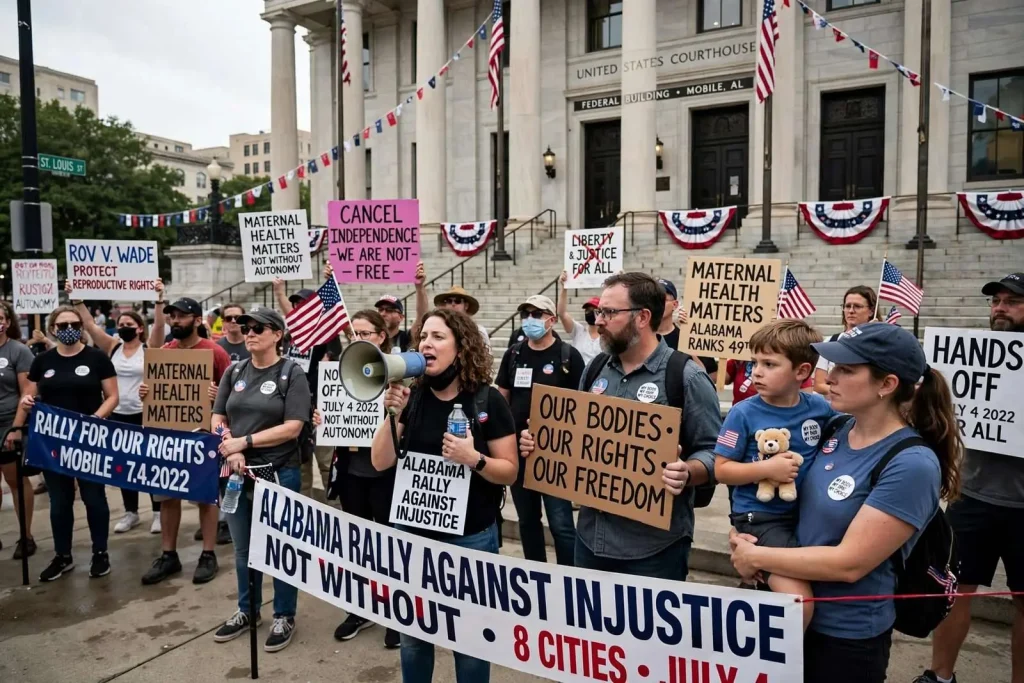 Illustration for the news story: Mobile Protesters Rally at Federal Courthouse on Independence Day Over Roe v. Wade Reversal