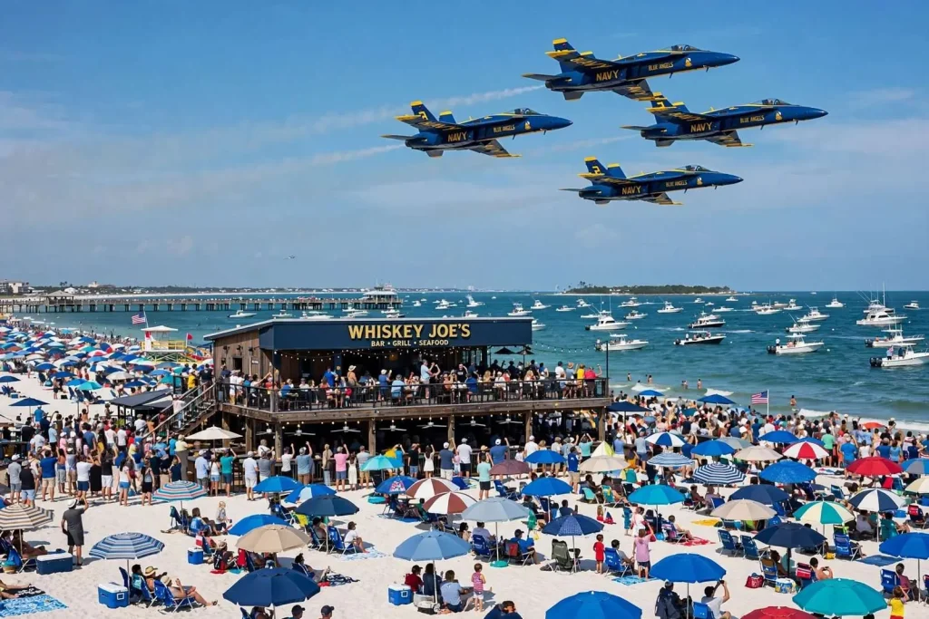 Illustration for the news story: Pensacola Beach Gears Up for Blue Angels’ Red, White and Blues Week Air Show