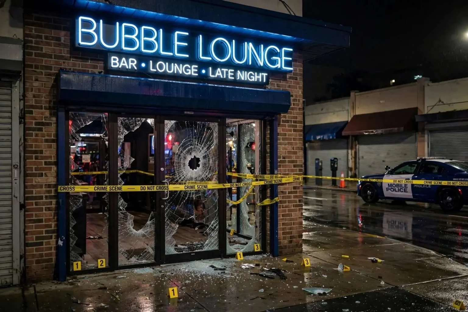 Illustration for the news story: Suspect in Mobile Bubble Lounge Shooting That Wounded Employee Turns Himself In