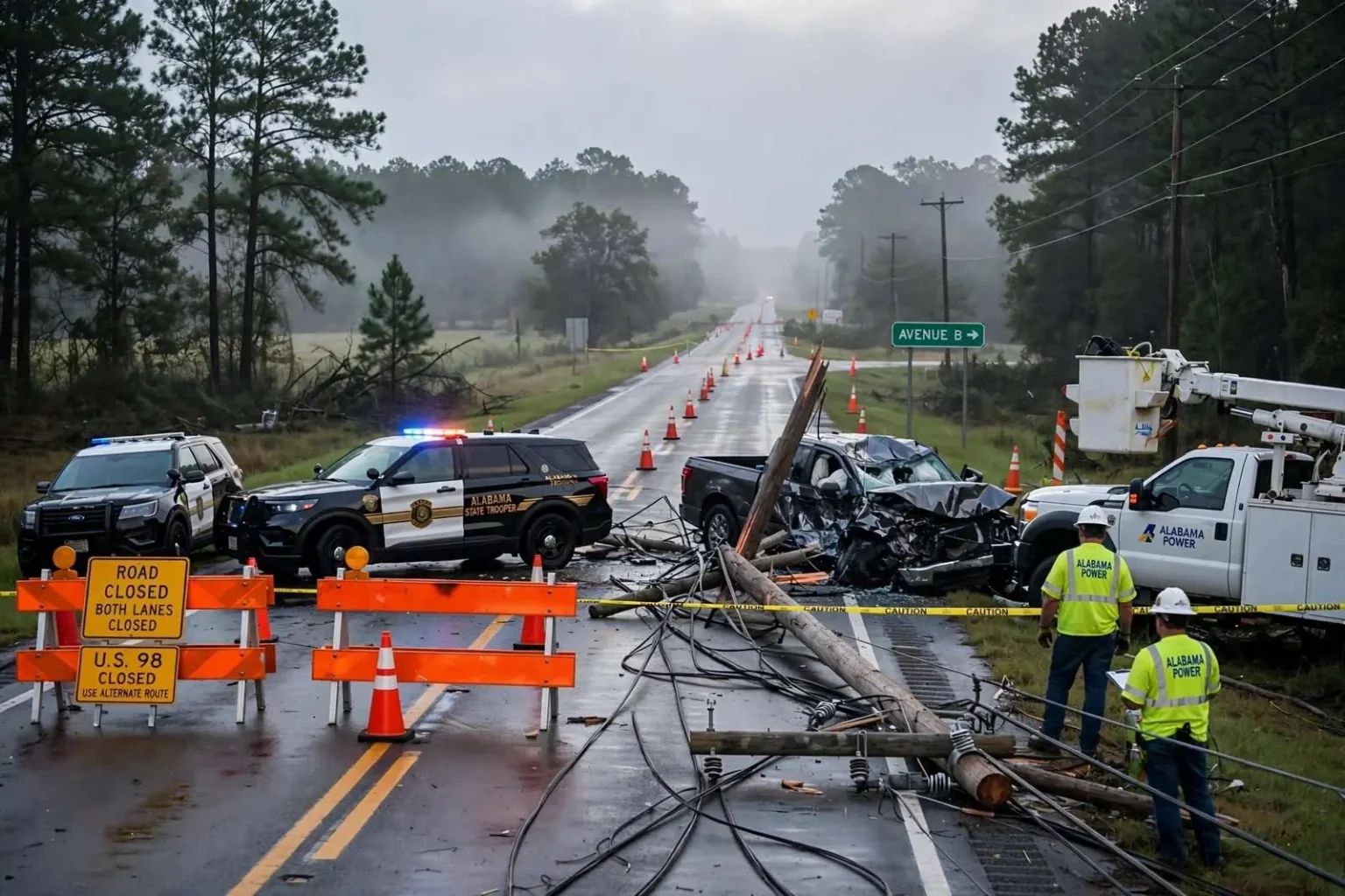 Illustration for the news story: Wilmer Crash on U.S. 98 Blocked Both Lanes and Left Nearly 900 Without Power